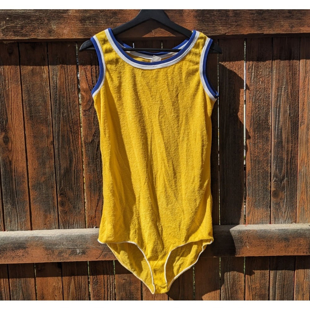 Vintage Yellow Terry Cloth Bodysuit Large 70s 80s Ringer Neck Sleeveless Retro